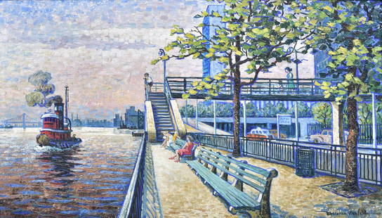 Woldemar Neufeld: 52nd Street Footbridge 24" x 41" oil on board signed lower right