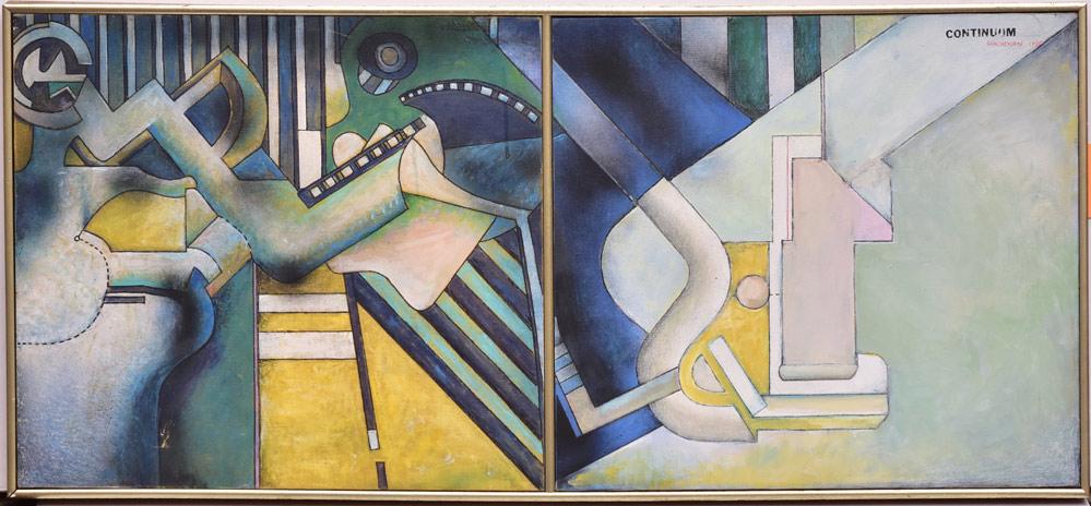 Karl Hagedorn: Continuum Continuumdiptych, each panel, 18" x 20" oil on canvas18" x 40 1/4" overallsigned, titled and dated 1986 upper right