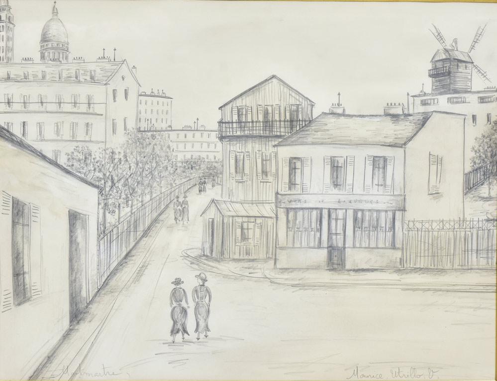 attributed to Maurice Utrillo: Montmartre, Paris 19" x 25" graphite on paper signed lower right
