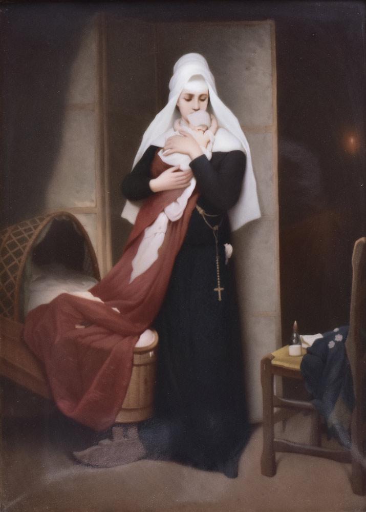 KPM Porcelain Plaque: In the Nursery 13" x 9" painted porcelain plaque with old gallery stamp verso