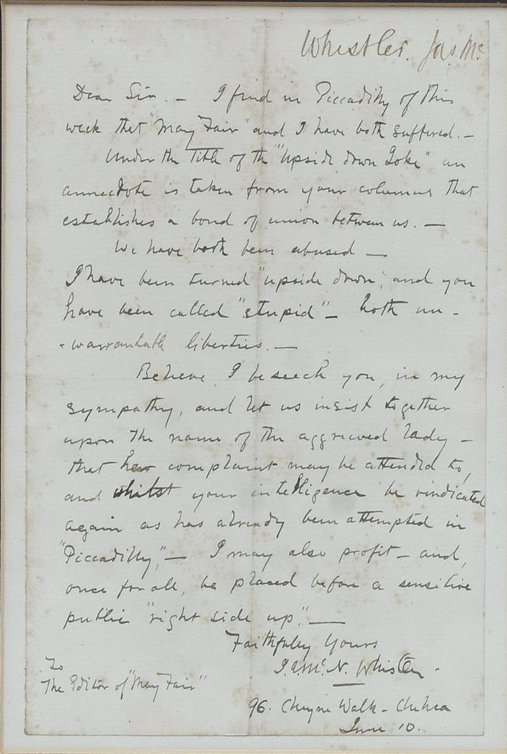 James Abbott McNeill Whistler- Handwritten Letter: 6 3/4"X4 1/2" sheet, laid to paper, framed with article to which it is responding "The Upside-Down Joke" Picadilliy, 6/6/1878. "... we have both been abused. I have been turned