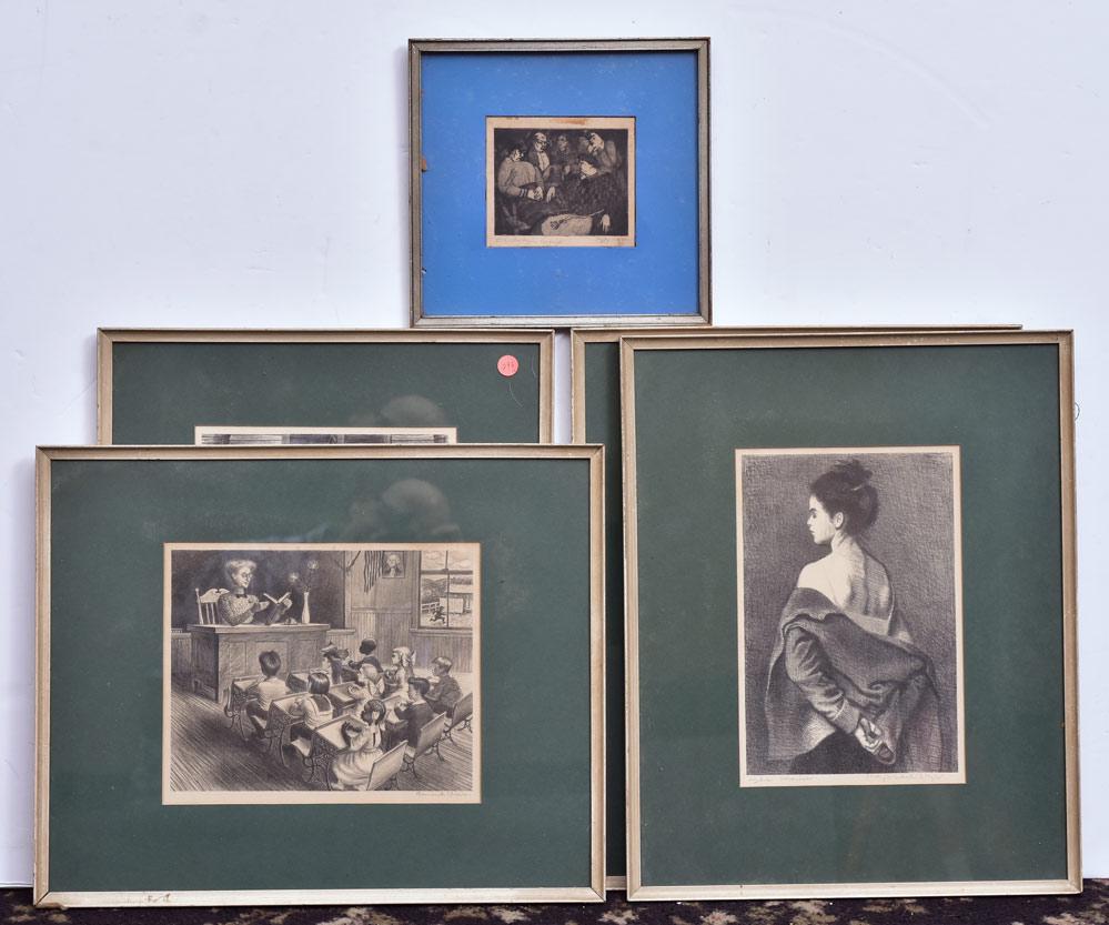 American Prints (5): "The Model" by Raphael Soyer, 11 3/4" x 7 1/2","The Intermission" by Georges Schreiber,13 1/2" x 9 1/2" and Two School Teacher/SchoolHouse by Howard Bear 8 3/4" x 10 3/4" and11 3/4" x 8 3/4" (image).