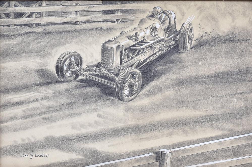 John Burgess: drawing of a race car 8"x12" graphite with arabesque highlights signed and dated 1931
