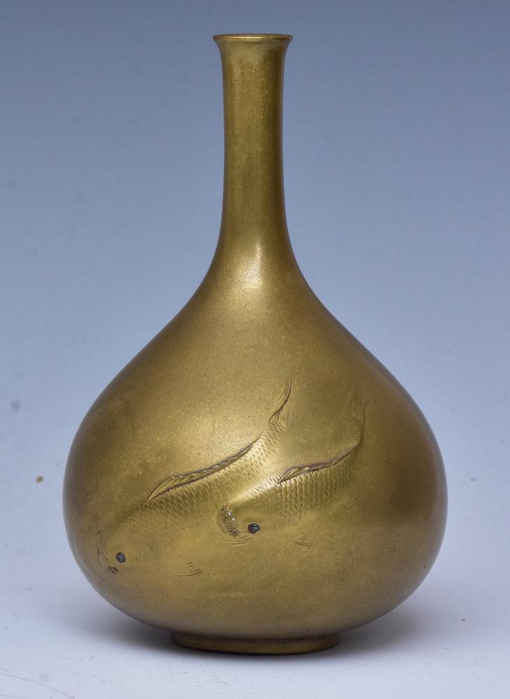 Japanese Bronze Vase: with Koi, 6" high Meiji period, late 19th century