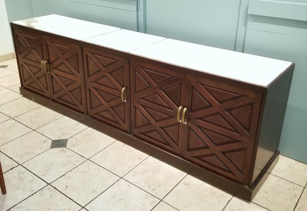 Mid-Century Modern Credenza: with marble inserts 88" x 18" x 28" circa 1970