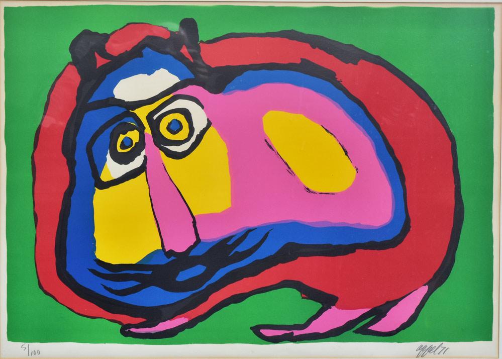 Karel Appel: Pink Nosed Pussycat 22" x 32 3/4" (sight) lithograph pencil signed and dated 1971 lower left from an edition of 100