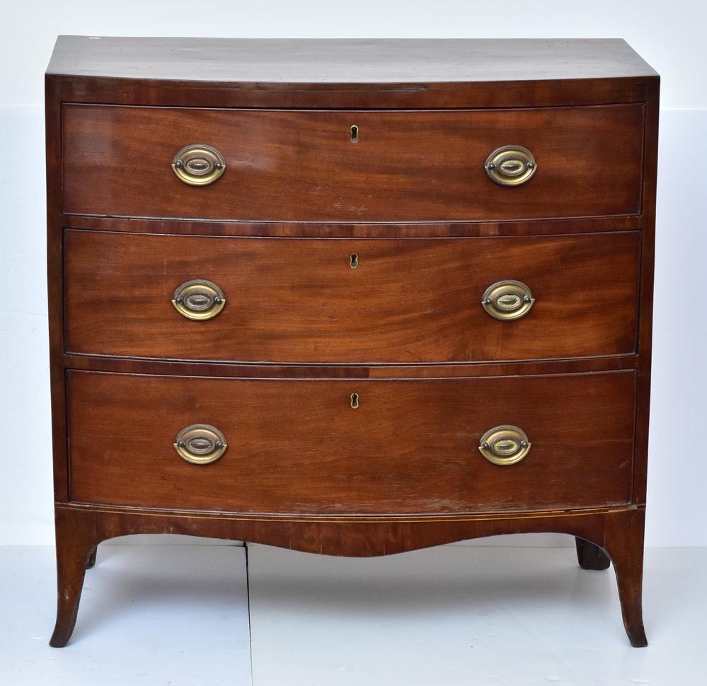George III Mahogany Bow Front Chest of Drawers: banded with three drawers 36" x 19", 34 3/4" high early 19th century
