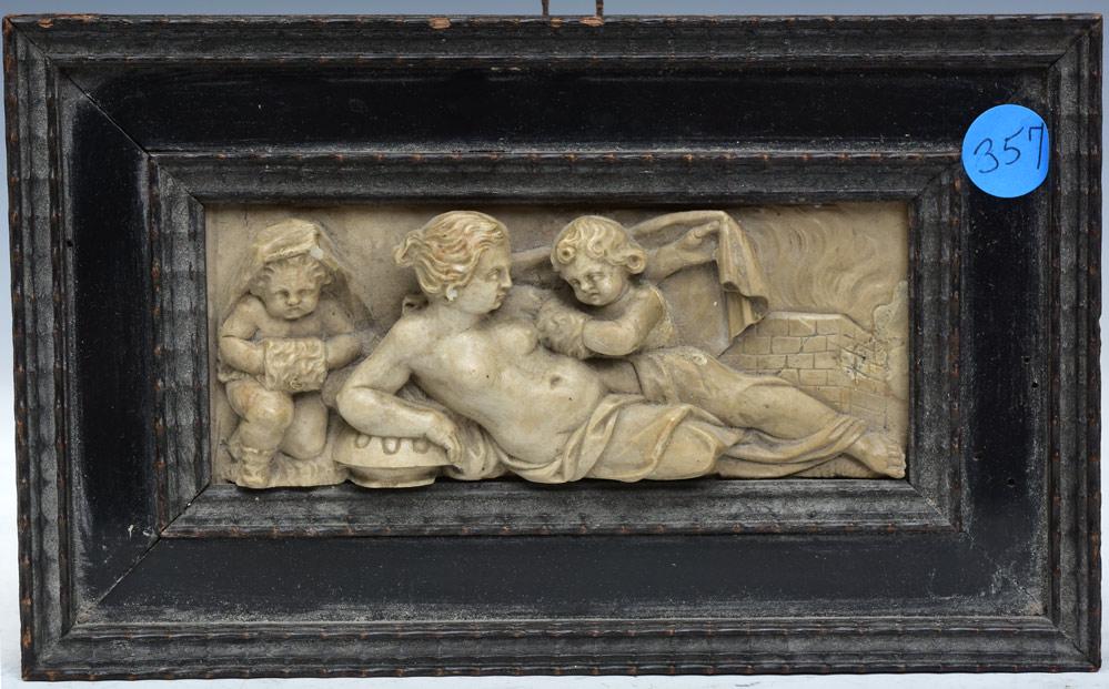 Continental Carved Marble Frieze: Reclining Nude with Putti 2 1/2" x 6" 19th century