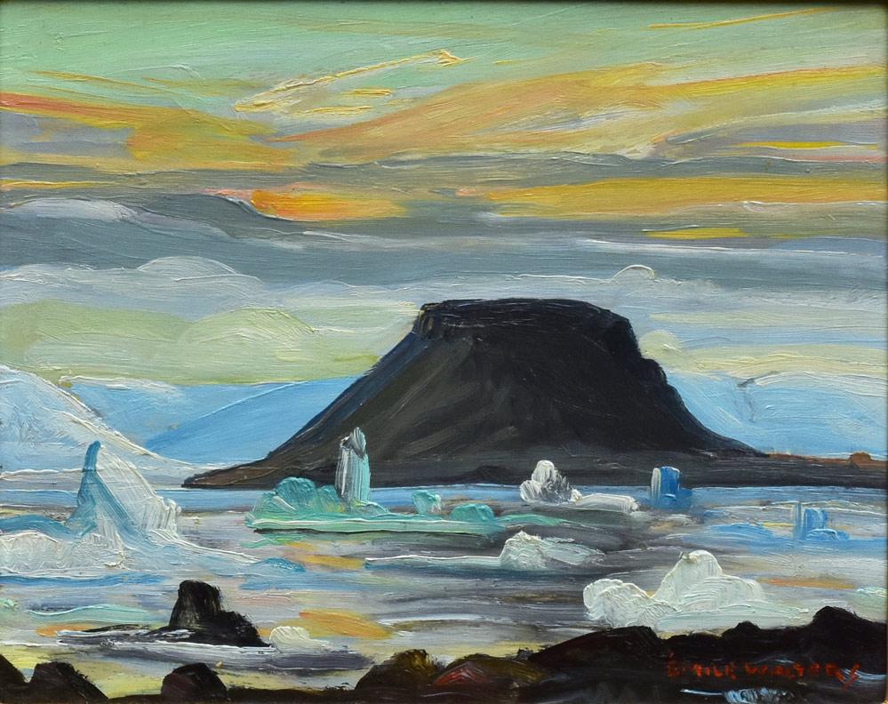 Emil Walters: Mountain of Thule, Greenland 8" x 9 3/4" oil on masonite signed and dated 1955 lower right