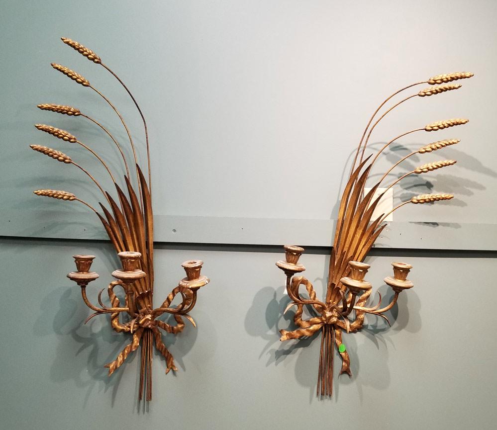 Pair of Tole Sheaf of Wheat Wall Sconces: each with three candle holders 32" long mid-20th century