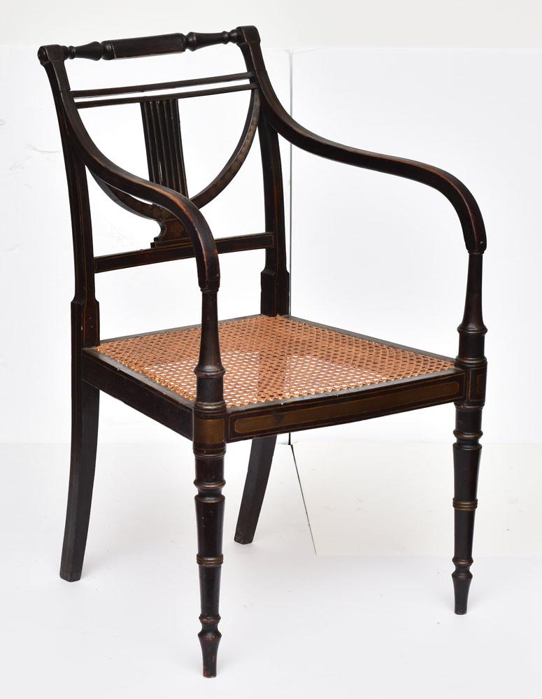 Federal Ebonized Arm Chair: with painted decoration lyre back and hand caned seat 34" high early 19th century