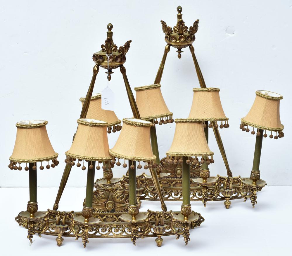 Pair of Brass Wall Sconces: each with four lights, 22" wide, 23" high mid-20th century