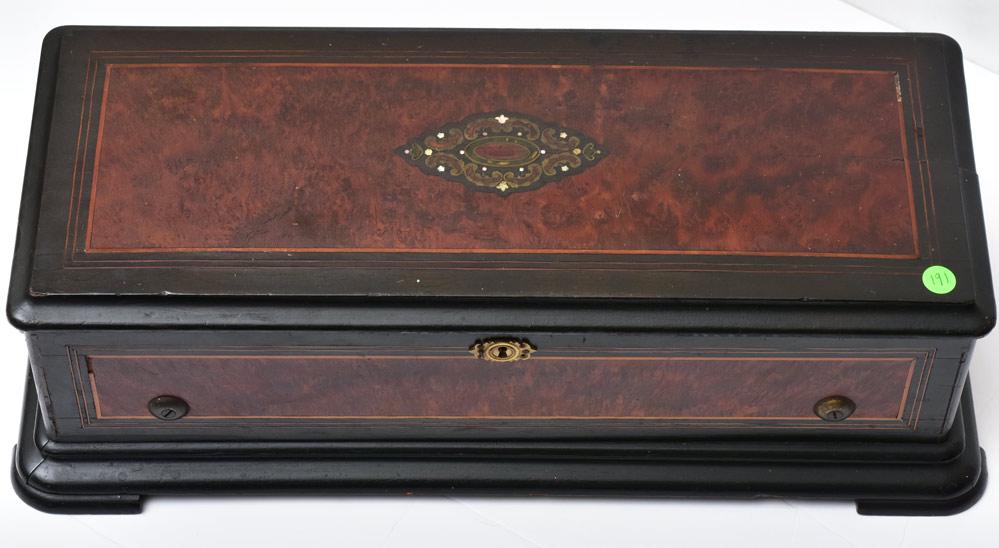 Victorian Cylinder Music Box: 11" cylinder roll inlaid case with mother of pearl, 23" x 9", 7" high late 19th century