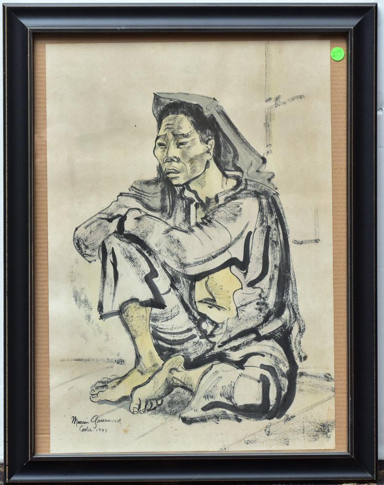 Marion Greenwood: Coolie, 1947 23" x 16" ink wash on paper signed, titled and dated lower left