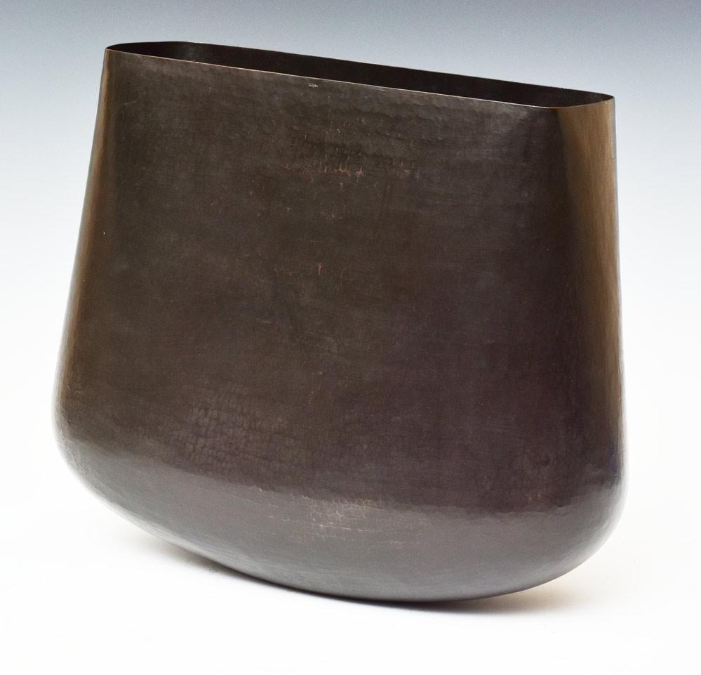 Zerunianandweisz: Tall Vase 12 1/2" high, 16" wide painted black hammered copper stamped "ZAW"