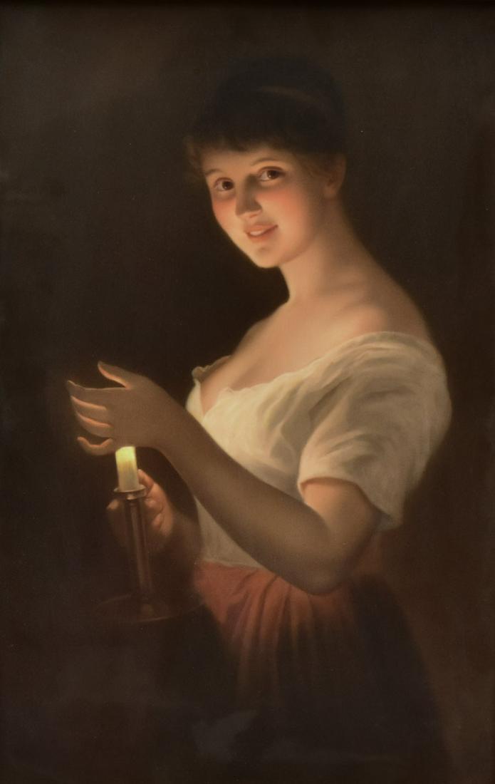 KPM Porcelain Plaque: Young Woman with Candle Light 15 1/2" x 10" signed lower right
