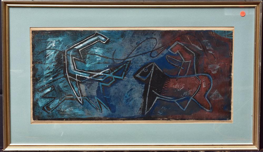 Louis Schanker: Don Quixote and Sancho Panza13" x 28 1/2" woodcut,pencil signed lower right