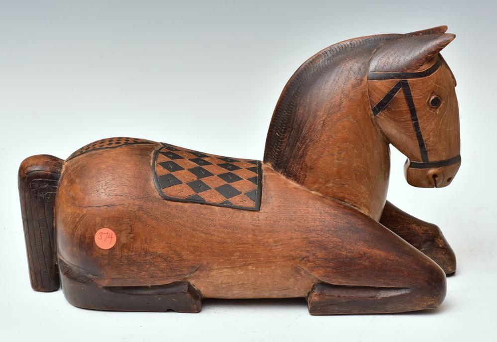 Carved Kneeling Horse Slide Box: with patterned saddle 16" long