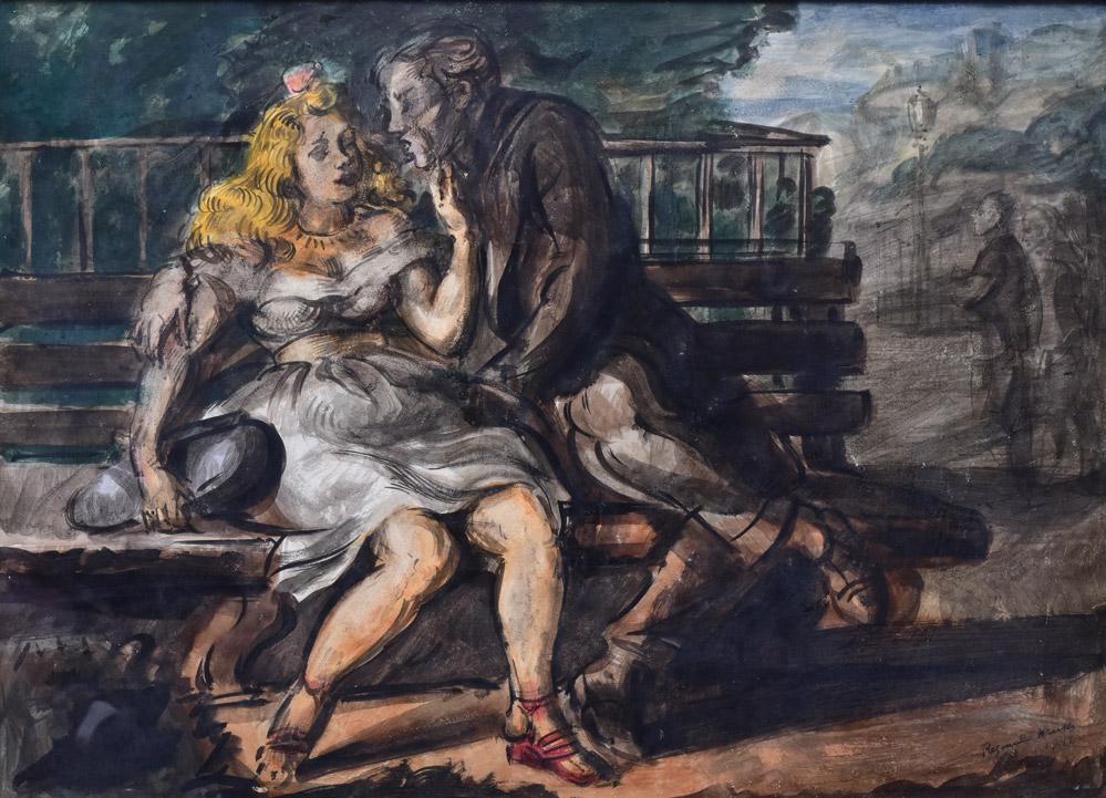 Reginald Marsh: Couple Seated on a Park Bench 22"x30" tempura on paper signed lower right and dated 1946