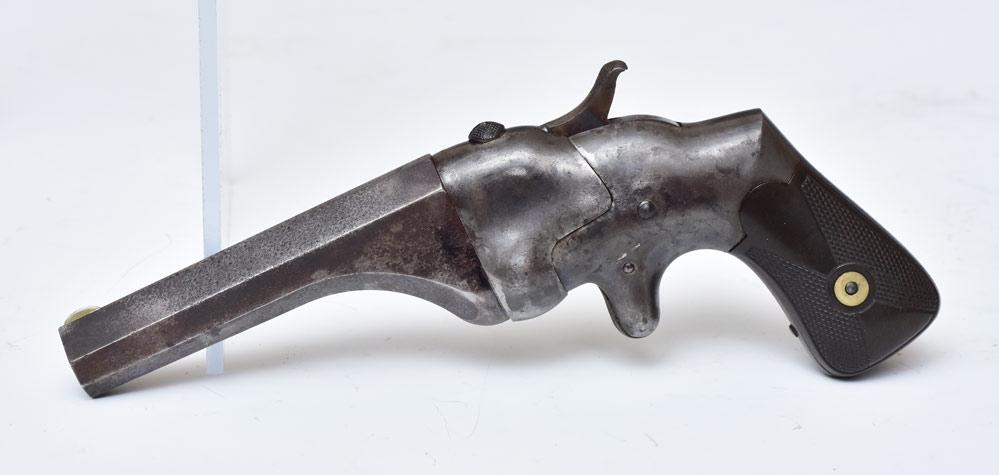 Connecticut Arms Hammond Bulldog Pistol: single shot, .44 caliber 4" long octagonal barrel, 8" long overall patented Oct. 25, 1864 Factory checkered hard rubber grips
