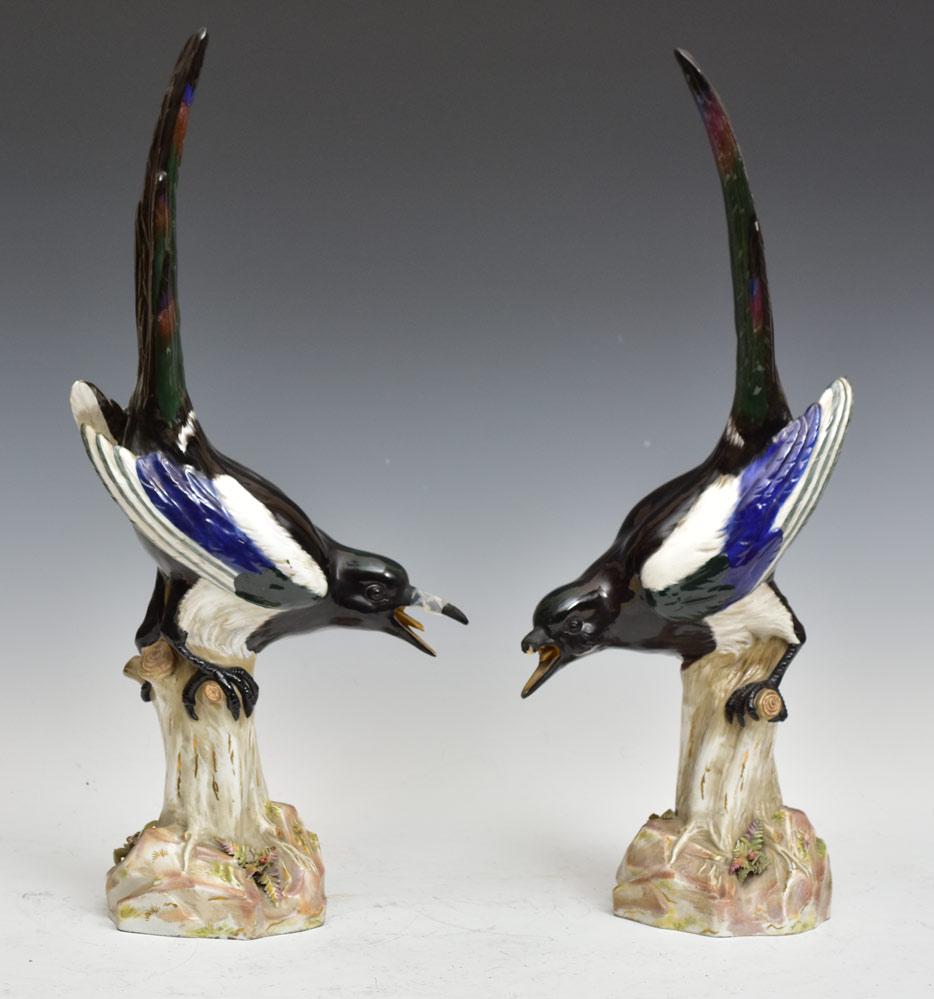 Pair of Meissen Porcelain Magpies: 21" high early 20th century