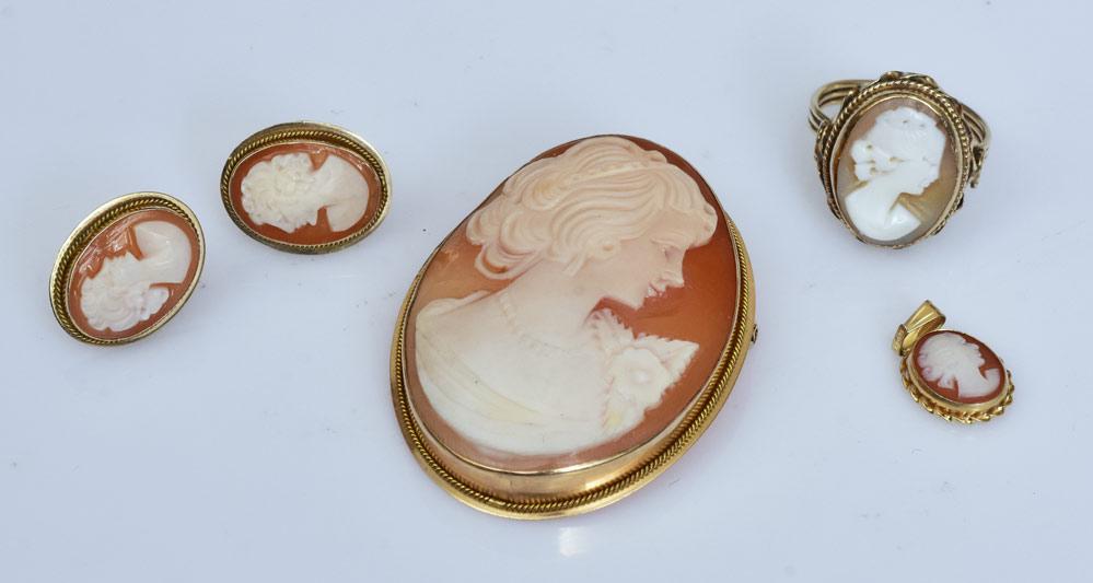 14k Gold Cameo Brooch, Ring & Earrings (1 of 1)