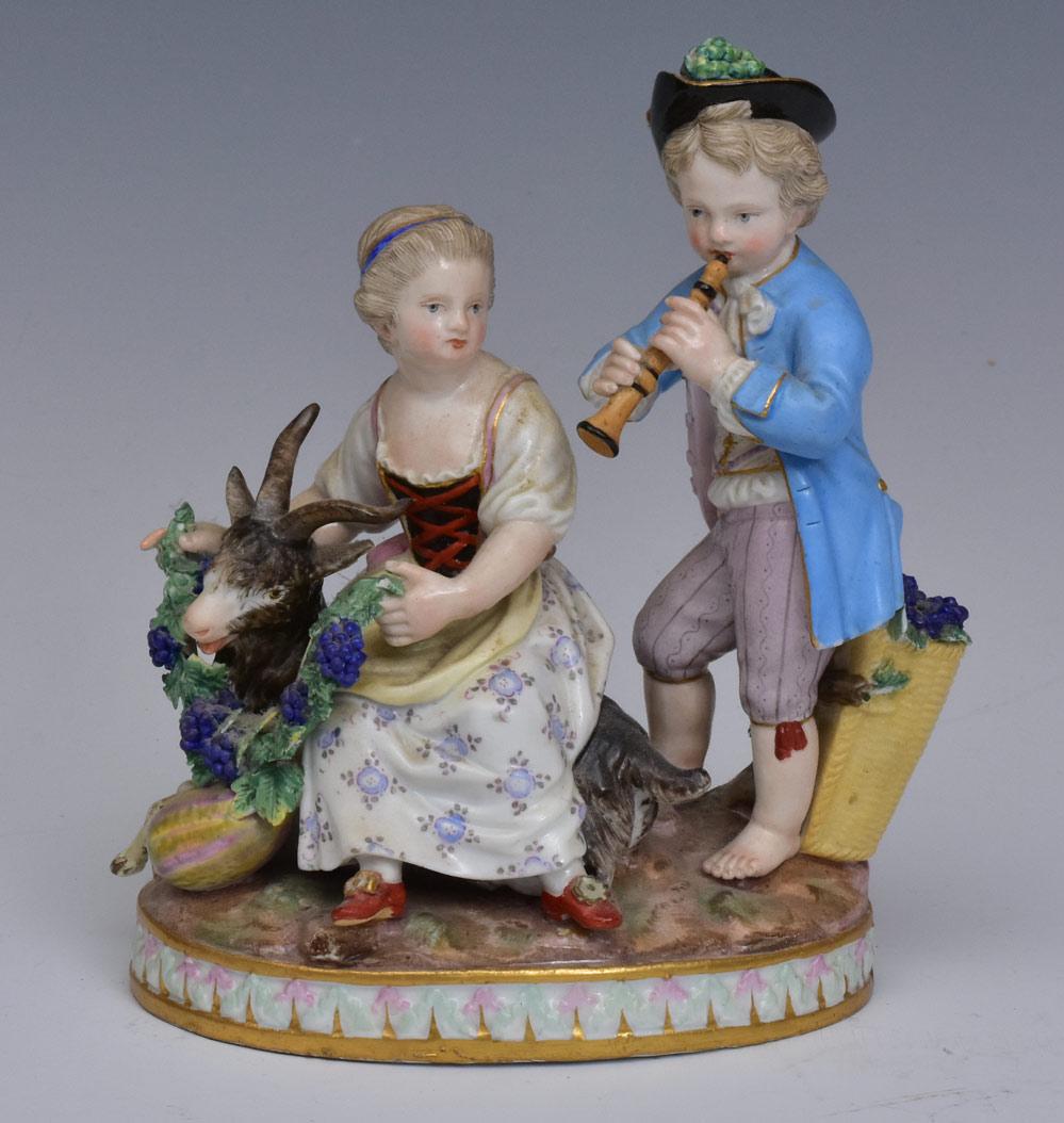 Meissen Porcelain Figures with a Goat: 6 1/2" high with crossed swords Meissen mark