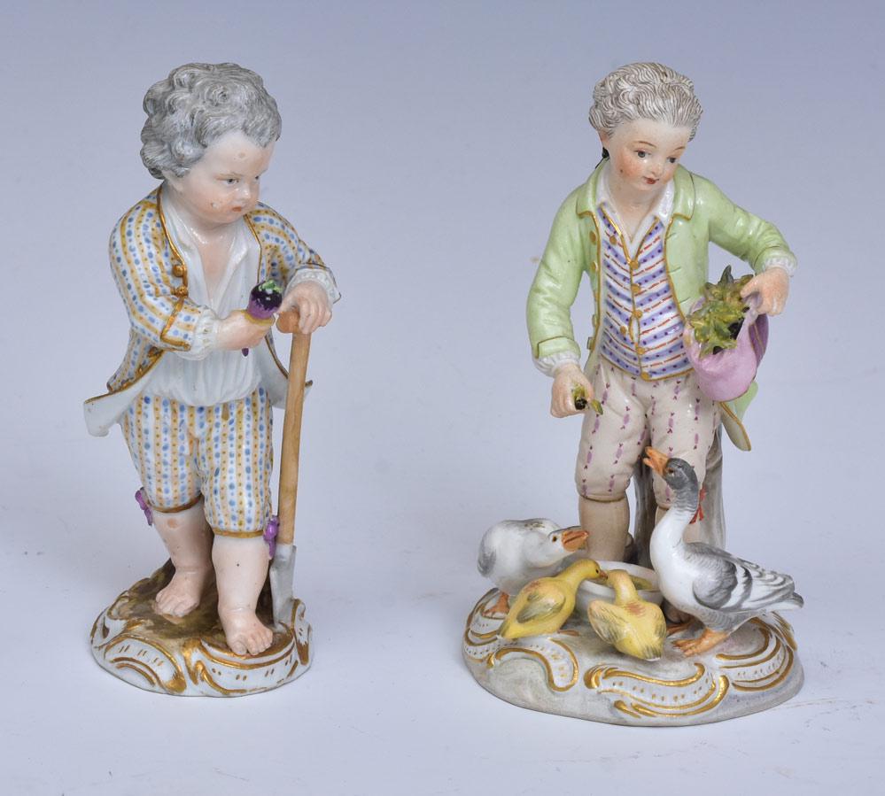 Two Meissen Porcelain Figures: Young Lad with Ducks and Young Lad with Spade 5" high with crossed swords Meissen mark