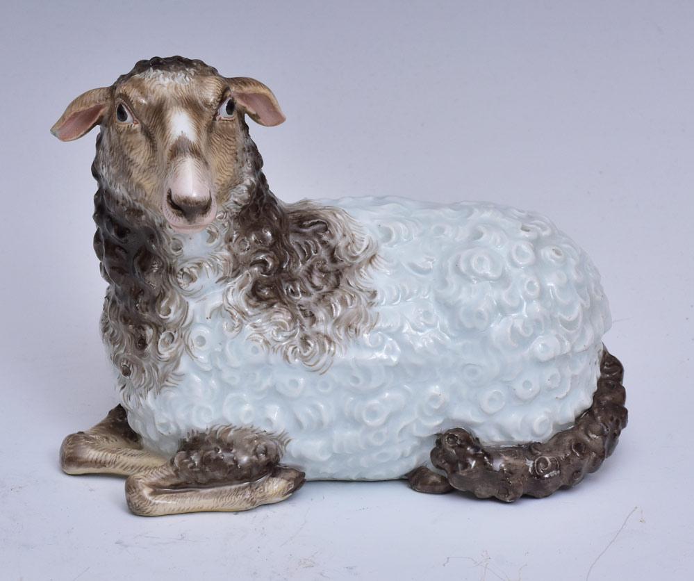 Meissen Porcelain Figure: Seated Sheep 4 1/2" high with crossed sword Meissen mark