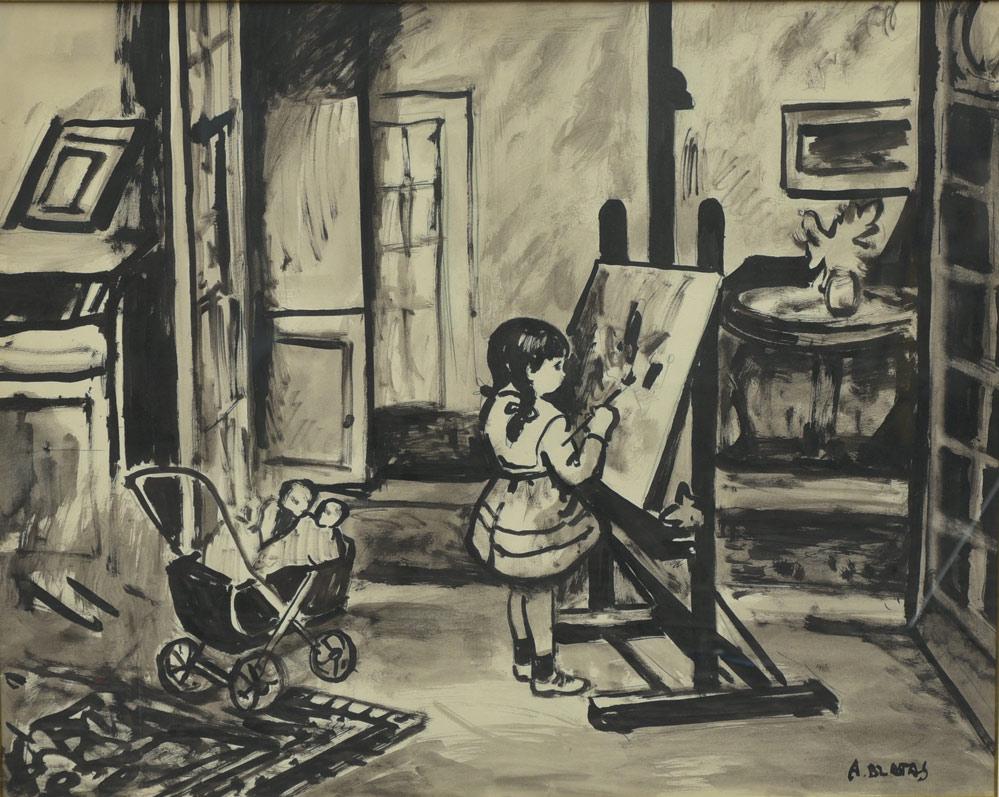 Arbit Blatas: Young Artist 25" x 31" ink wash signed lower right 33" x 39" overall with the frame