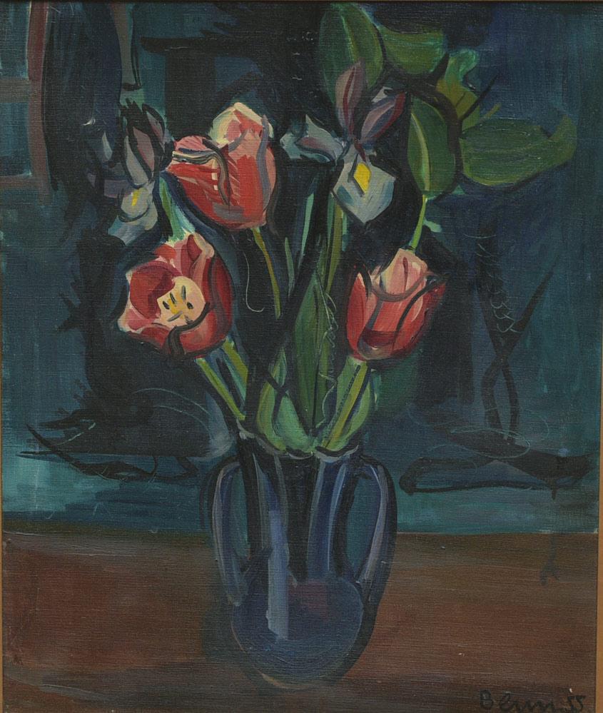 Ben Benn: Tulips, 1955 24" x 20" oil on canvas signed lower right, titled and dated verso with Eva Lee Gallery label 33" x 29" overall with the frame