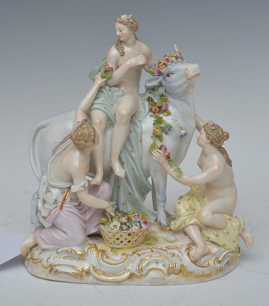 Meissen Porcelain Figure: Europa and the Bull 8 1/2" high with crossed sword mark