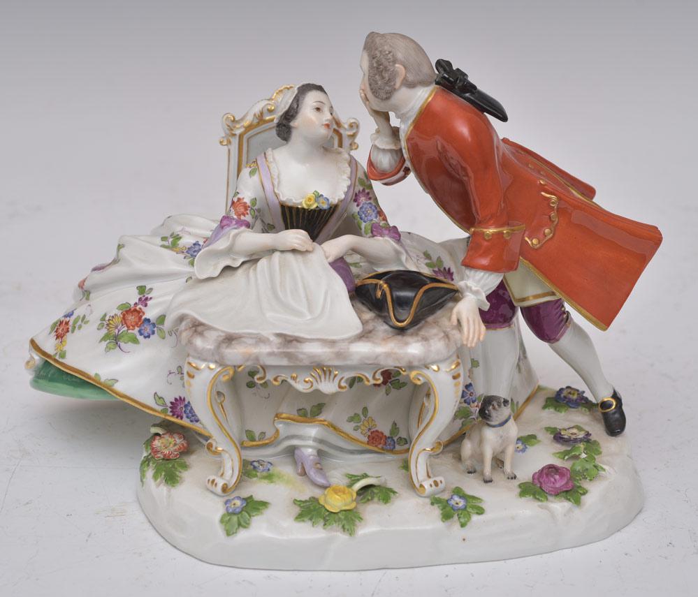 Meissen Porcelain Figure: Courting Couple with Dog 10" wide, 7 1/4" high crossed sword Meissen mark