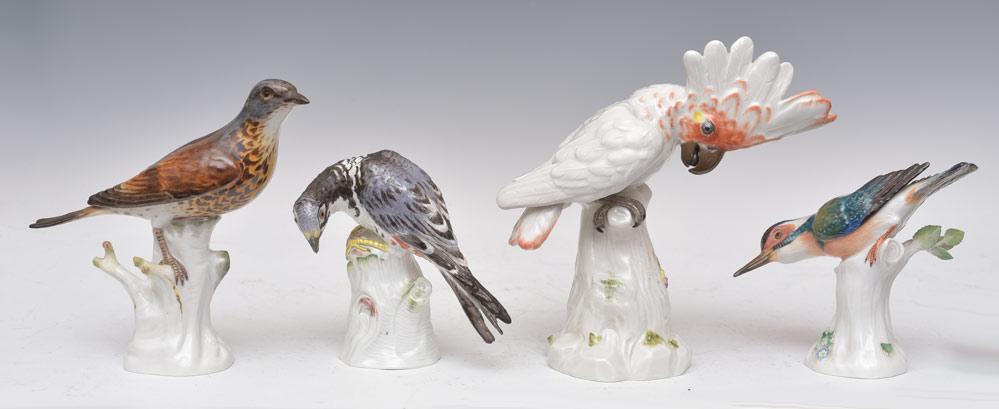 Meissen Porcelain Birds (4): the largest a Cockatoo, 9" high all with Meissen crossed sword mark