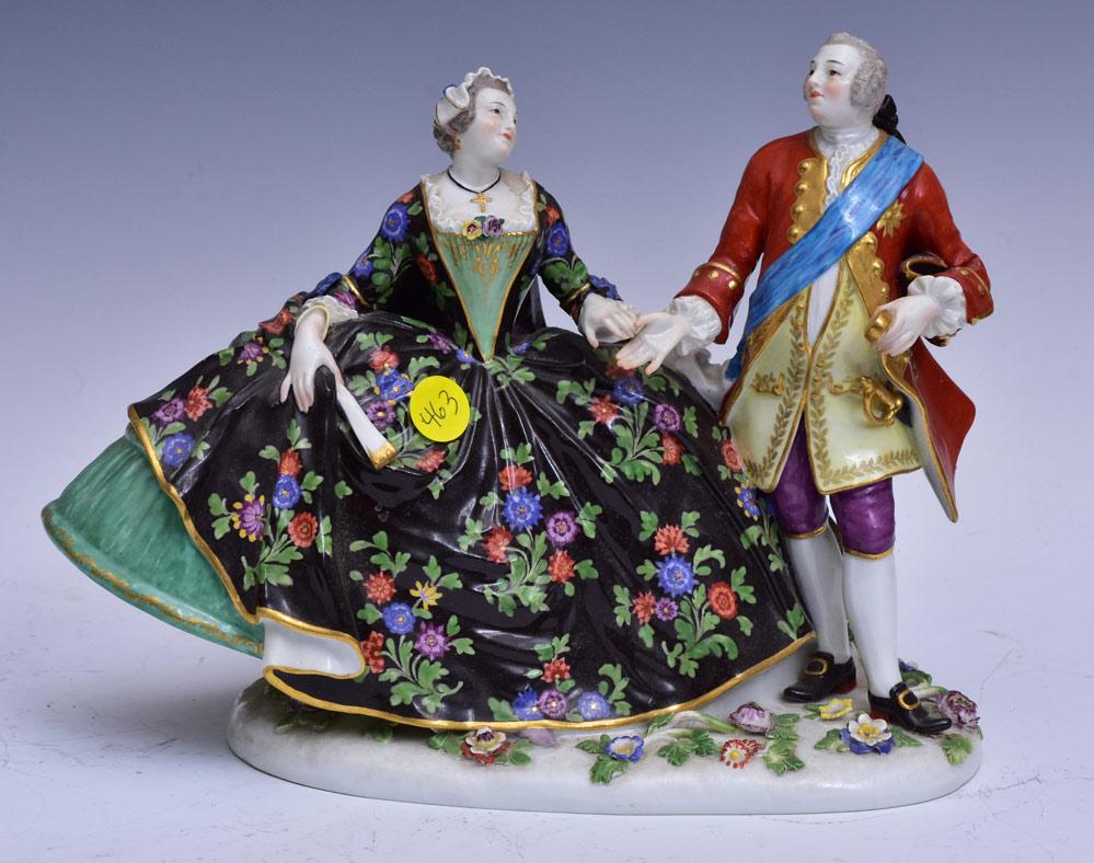 Meissen Porcelain Figure: Courting Couple 8 1/2" high with crossed sword Meissen mark