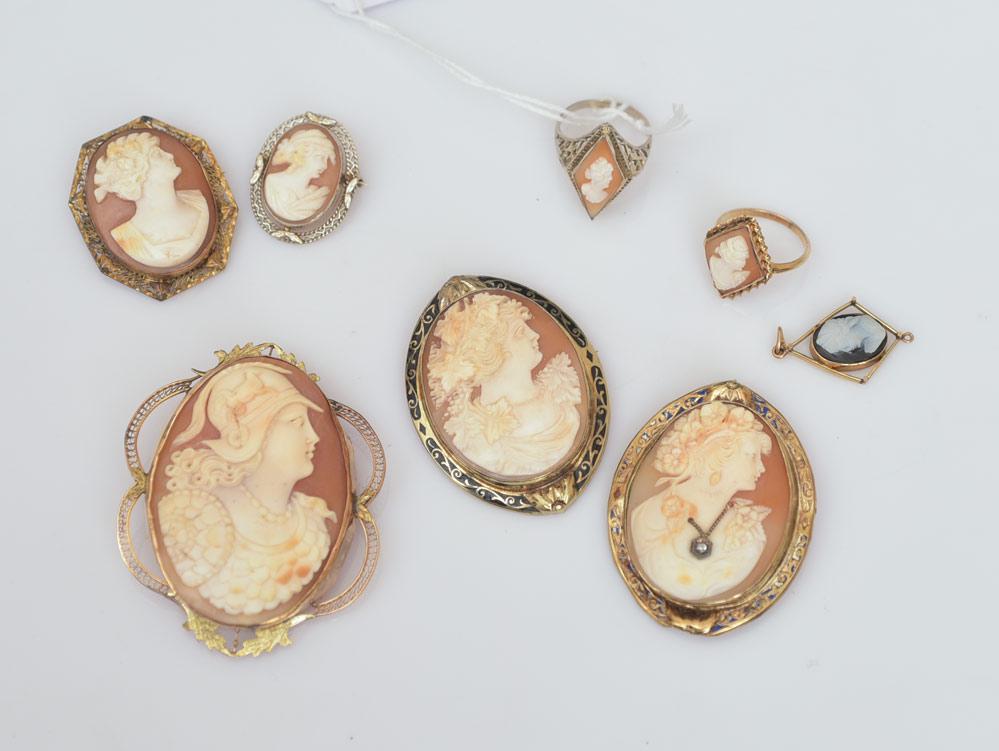 14k Gold Cameo Brooch/Pendants and Rings: the largest cameo, 2 1/4" long, ring sizes 4 1/2 and 6 3/4 43.1 dwt gross
