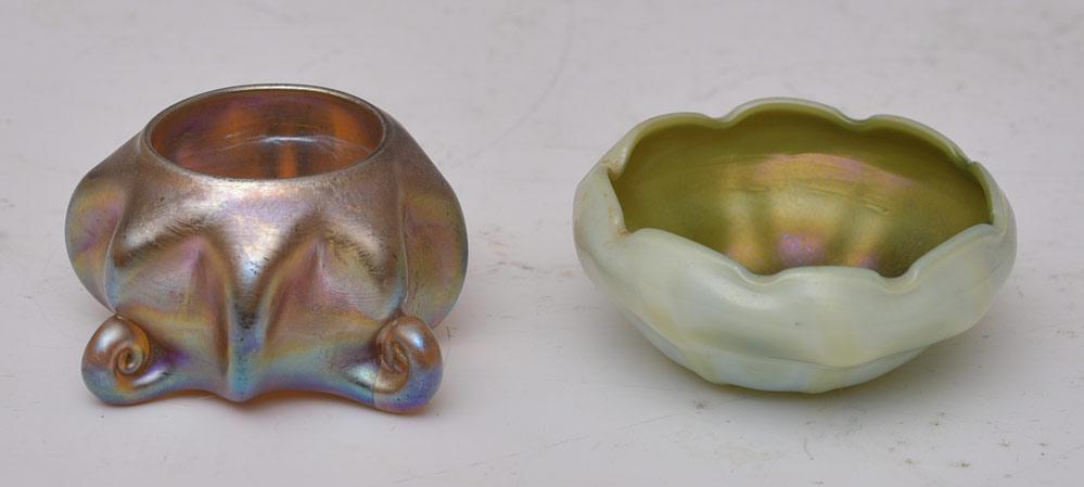 Pair of Tiffany Favrile Salts: 3 1/4" wide, 1 1/2 high signed "L.C.T" together with another attributed to Tiffany Studios art glass salt, unsigned
