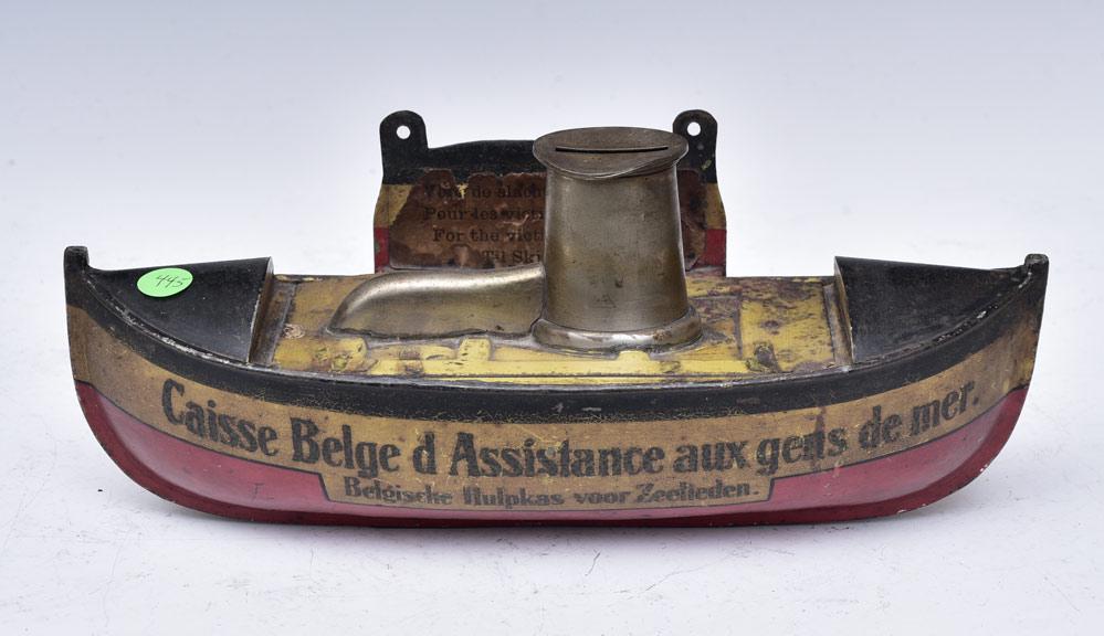 Belgian Boat Donation Bank: Belgian seafarer assistance fund 13 1/2" long, painted pressed tin with handle smoke stack coin slot, hinged top with key early 20th century