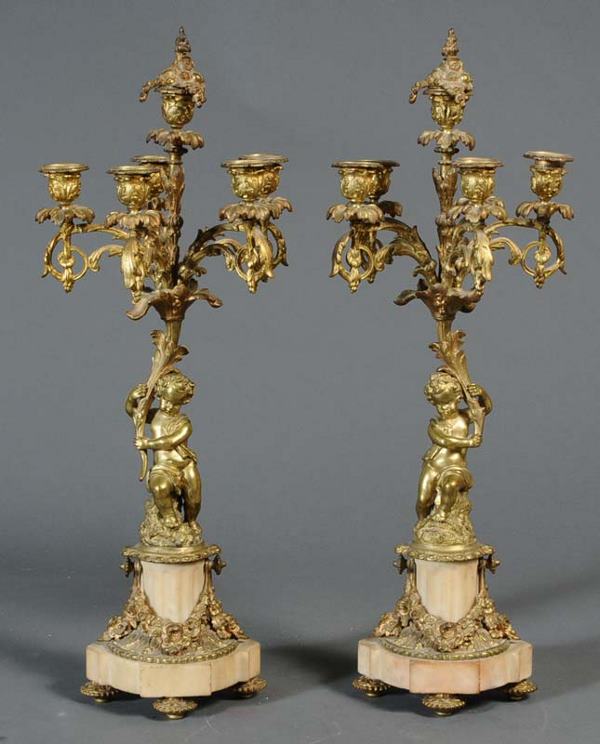 PAIR OF FRENCH BRONZE AND ALABASTER CANDELABRA 24": PAIR OF FRENCH BRONZE AND ALABASTER CANDELABRA 24" high circa 1900