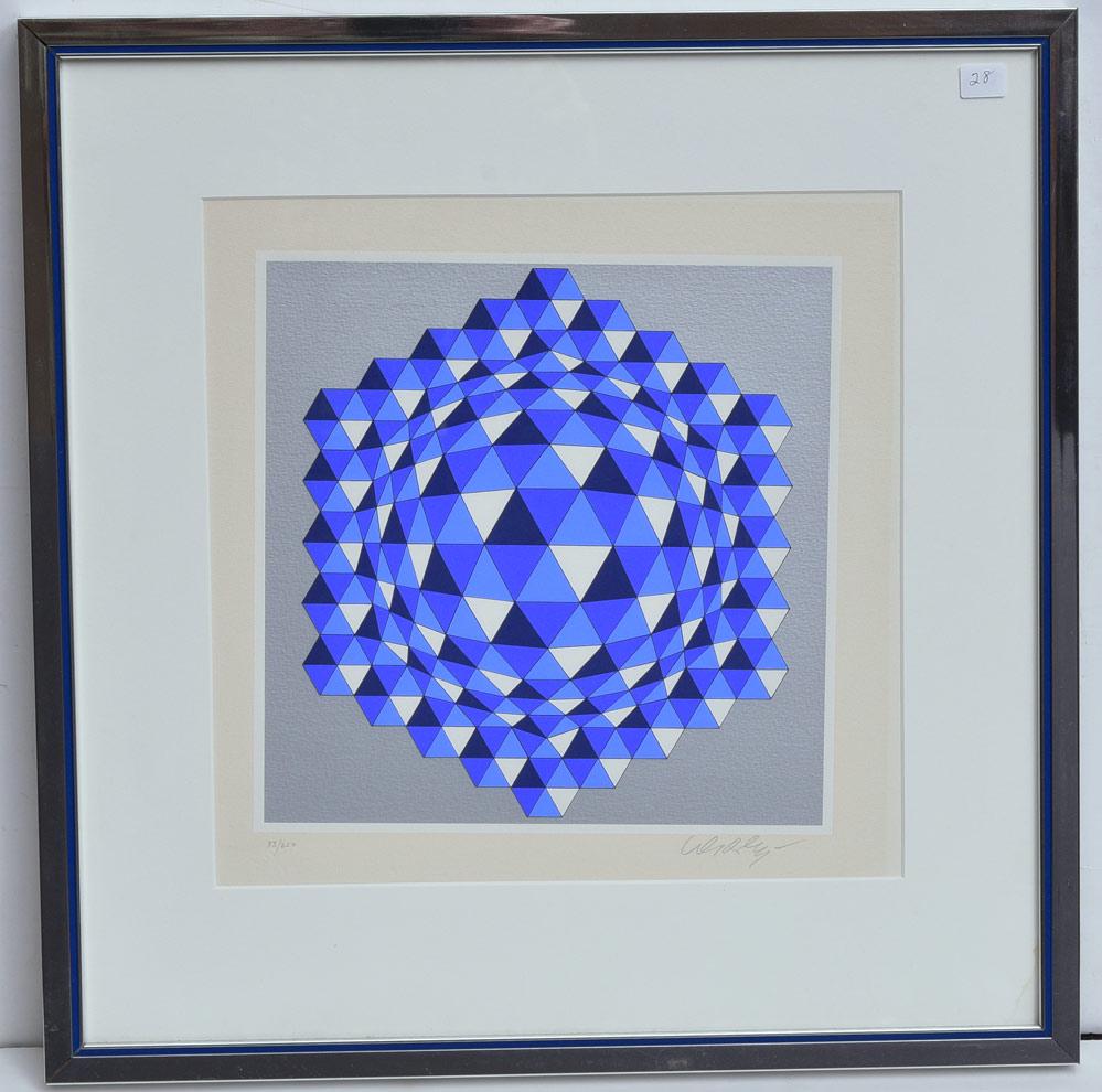 Victor Vasarely: 11" x 11" (image) serigraph from an edition of 250 pencil signed lower right 21" x 20 1/2" overall with the frame