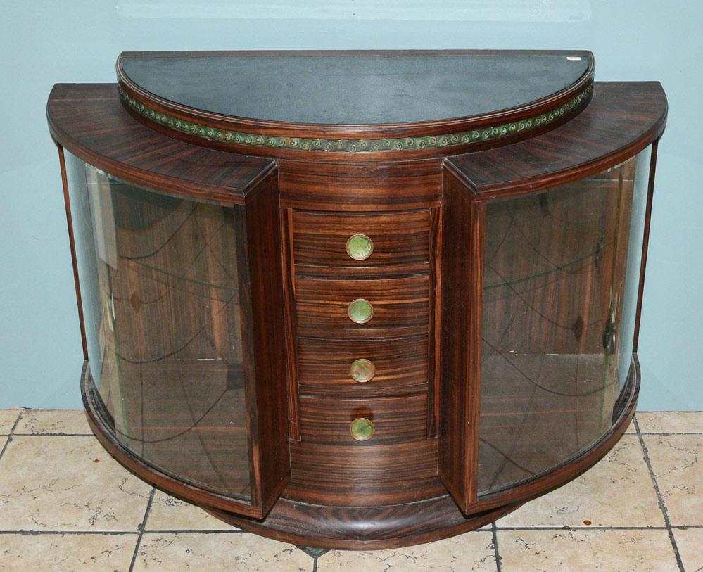 French Art Deco Rosewood Cabinet: demilune with curved glass doors and bronze trim, inset black glass top 30" high, 41" x 19 1/2" circa 1925