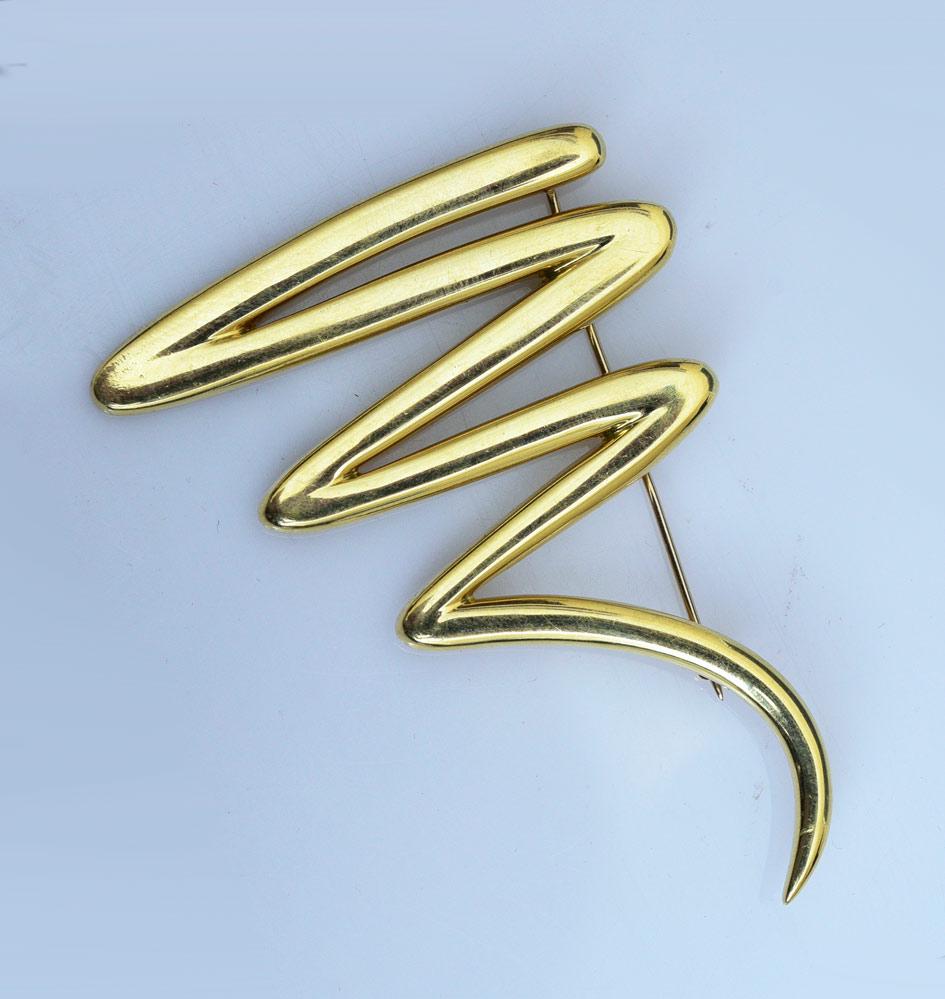 18K Gold Paloma Picasso for Tiffany Brooch: Zig-Zag Squiggle Pin 2 3/4" long, 21.4 dwt stamped "1983 TIFFANY & Co.18k Paloma Picasso"