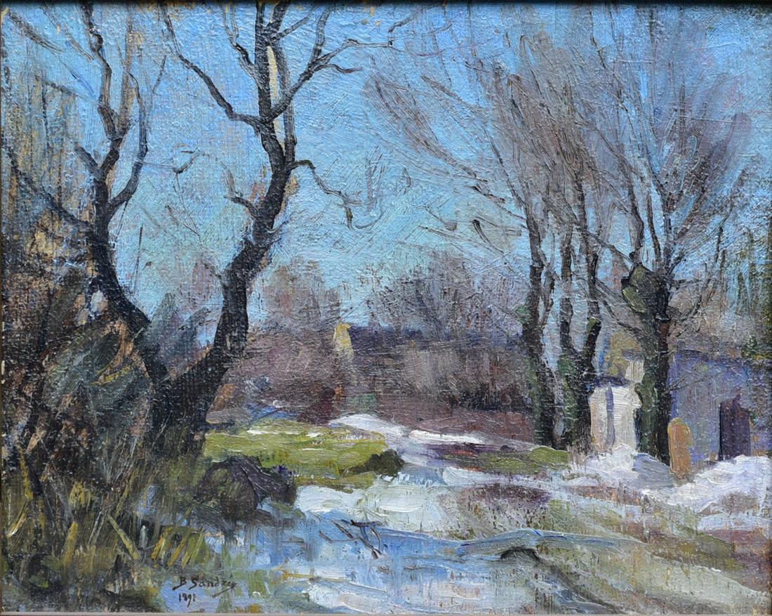 American School: Farm in Winter 12"x16" oil on board, frame 15"x17" signed lower left with spurious "Birger Sandzen" signature