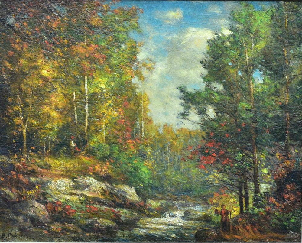 Bertus Pietersz: Autumn Landscape with Figures 16"x20" oil on canvas, frame 21"x26" signed lower left