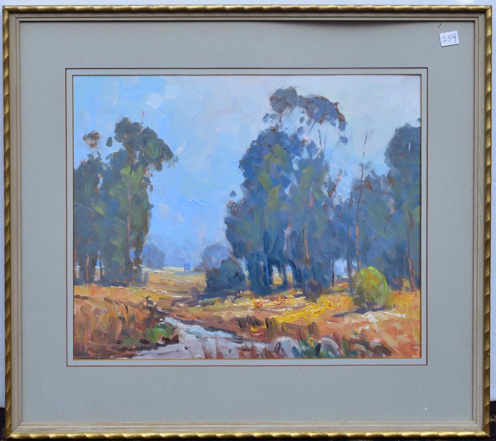 Jessie Nelson Watson (1870 - 1963): California Landscape with Eucalyptus 14"x17" oil on paper, frame 17"x21" signed lower right