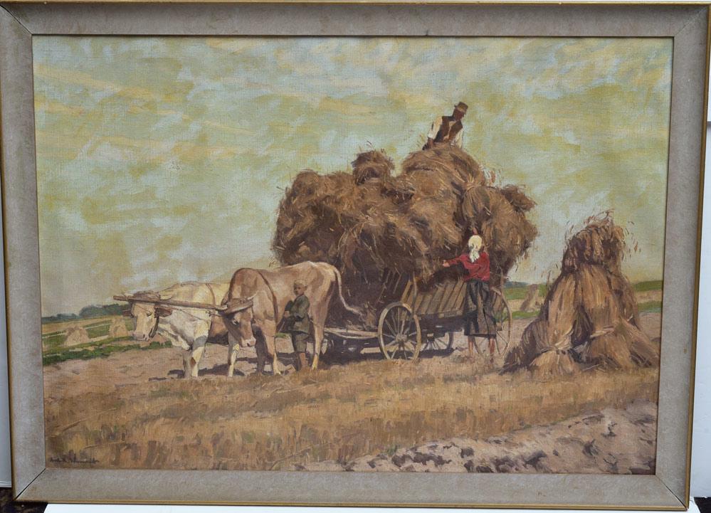 Anton Schmidt: Hay Wagon in the Fields 27" x 38" oil on canvas signed lower left 30 1/2" x 41 1/2" overall with the frame