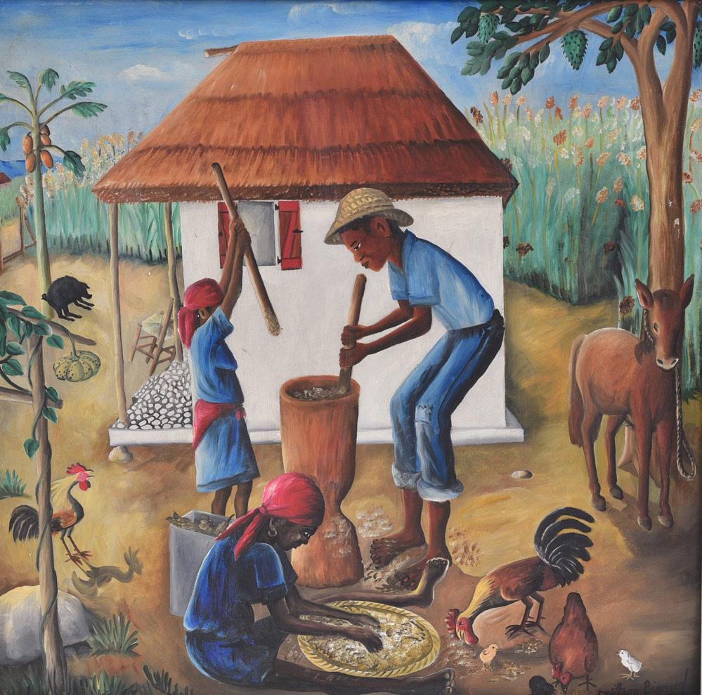 Wilson Bigaud: The Family Home 24" x 24" oil on masonite signed lower right 30" x 30" overall with the carved frame