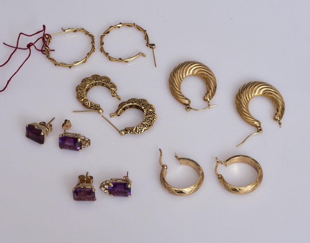 14k Gold Earrings (6): including amethyst and hoop earrings 11.1 dwt gross