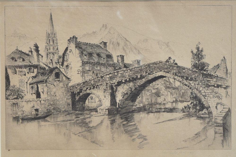 John Taylor Arms: Le Pont Notre Dame, Mende 7 7/8" x 12 3/8" (plate) etching signed and dated 1927 lower right in pencil 16" x 19 3/4" overall with the frame