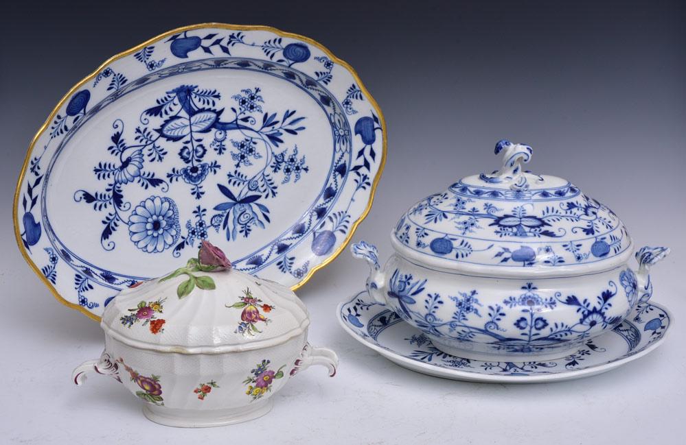 Meissen Porcelain Blue Onion: two platters, 16" and 20" long, a soup tureen, 10" high with Meissen crossed sword marks together with Royal Vienna Porcelain Soup Tureen 11 1/2" long, 8" high